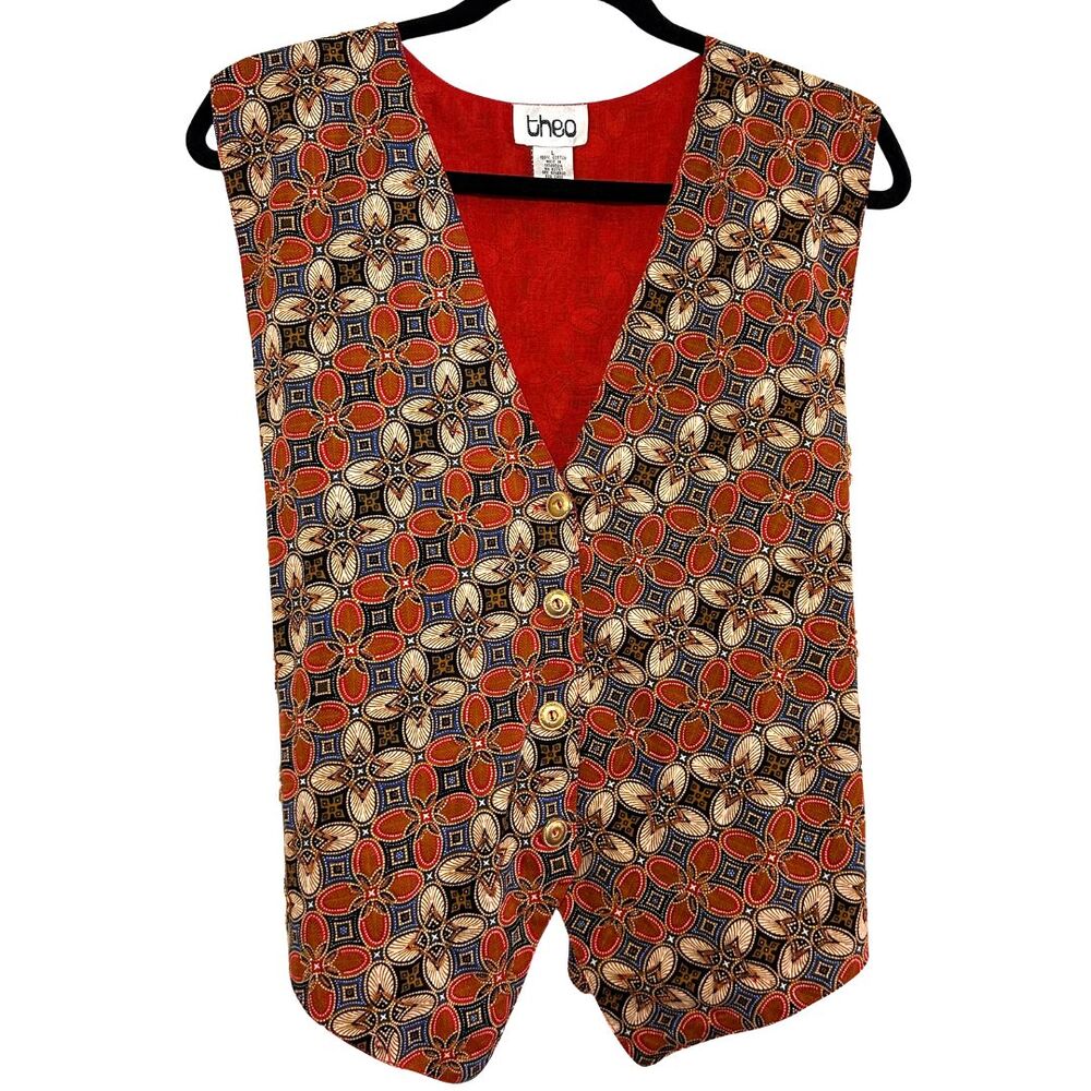 Theo Vintage Beaded Batik Print Cotton Vest Red Blue Geometric Boho Size L